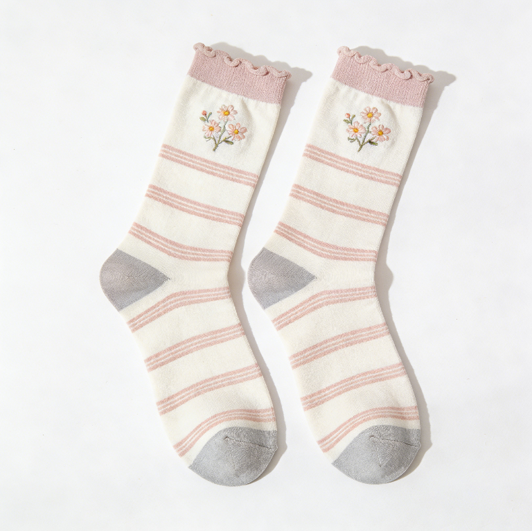 Pink and White Striped Mid-Calf Socks