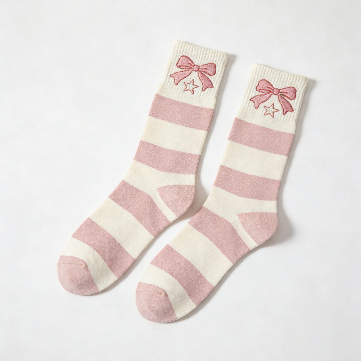 Sweet Pink-White Striped Mid-Calf Socks with Bow & Star