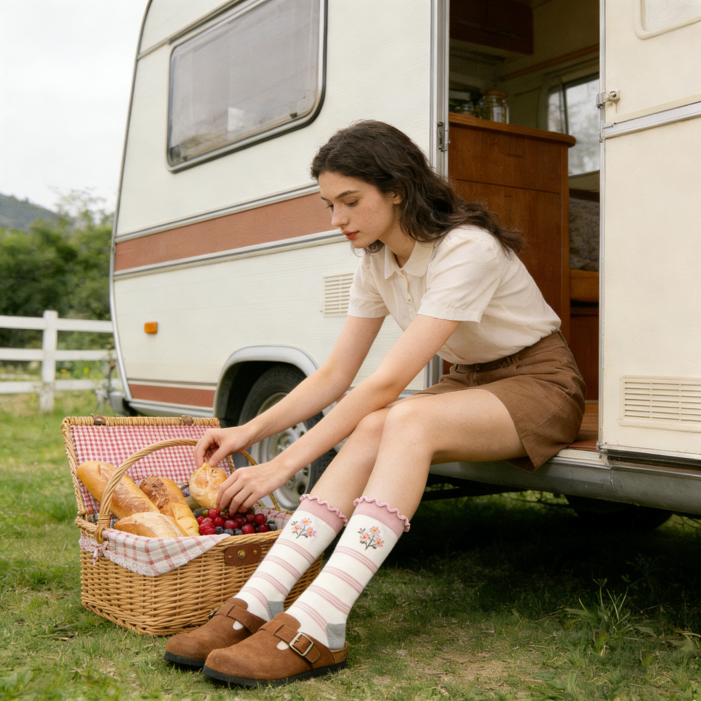 Pink and White Striped Mid-Calf Socks