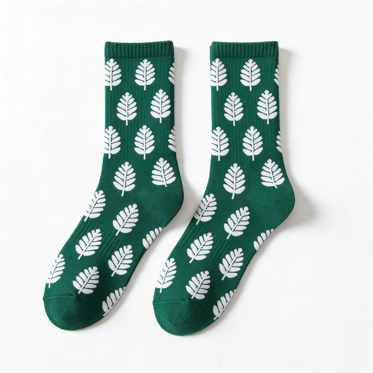 Dark Green and White Leaf Socks
