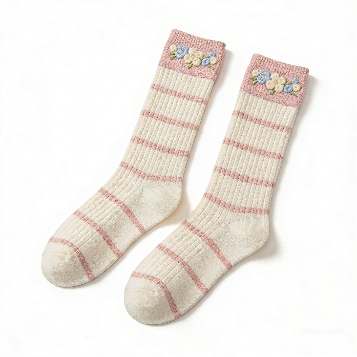 Pink White Stripe Patch Floral Socks