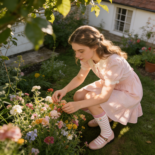 Soft Pink-White Striped Mid-Calf Socks with Floral Embroidery