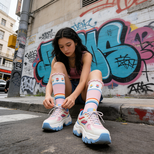 Ruffled Color Blocked Mid Calf Socks