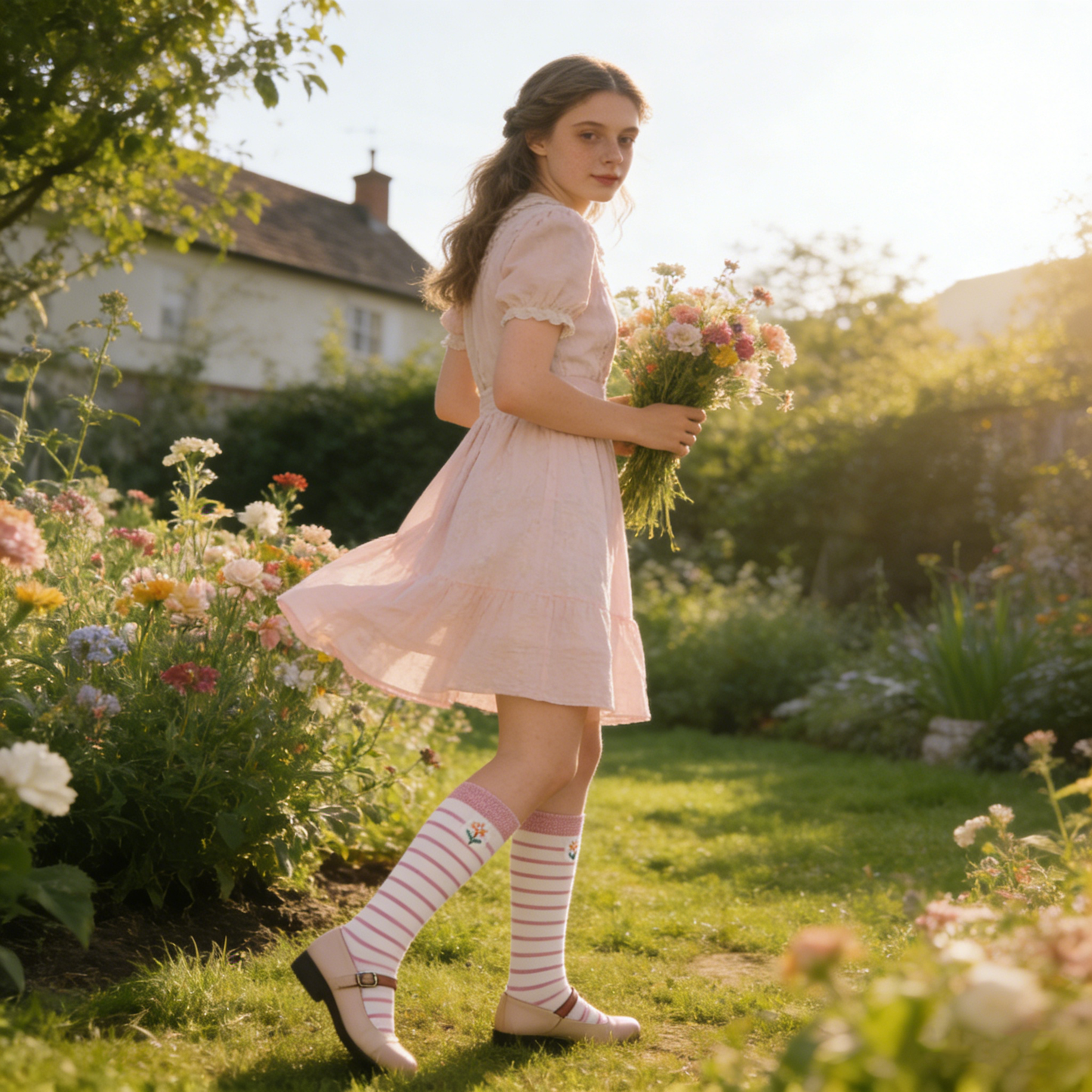 Soft Pink-White Striped Mid-Calf Socks with Floral Embroidery