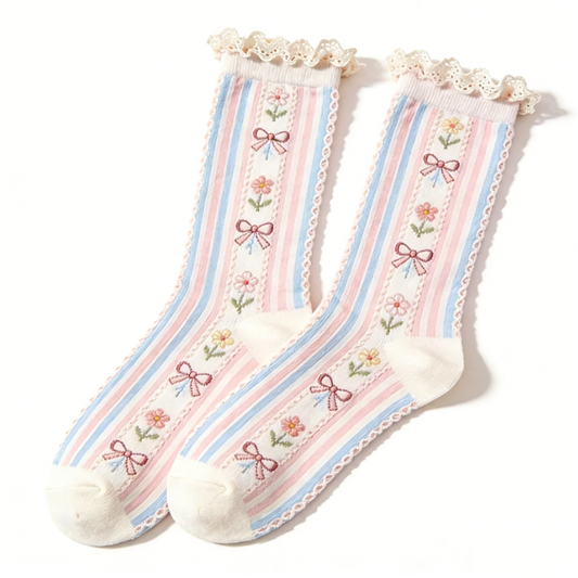 Bowknot Color Stripe Ruffled Socks