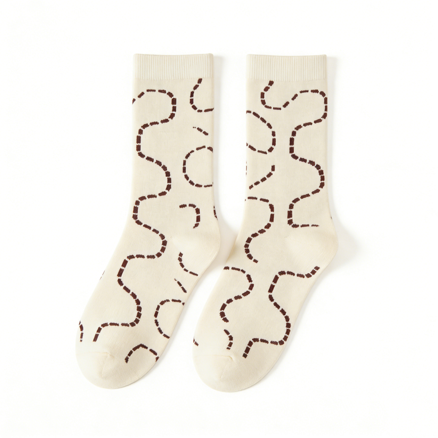Cream with Brown Wavy Line Crew Socks