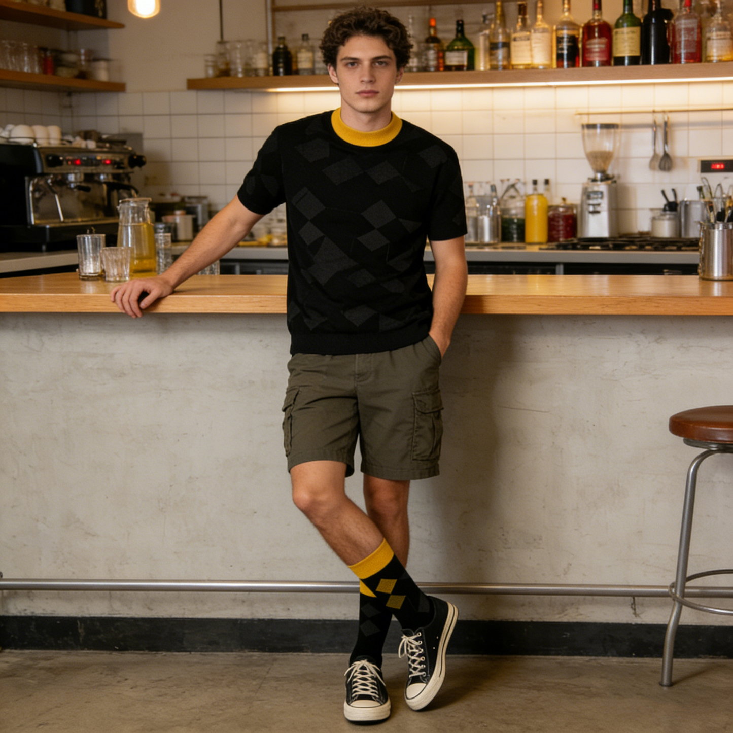Black and Yellow Geometric Diamond Pattern Socks