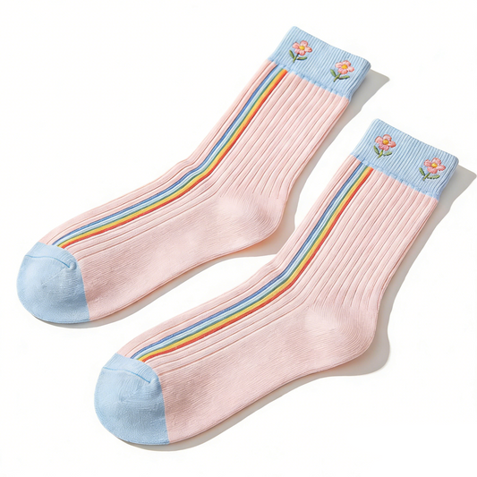 Rainbow Socks With Small Floral Embroidery