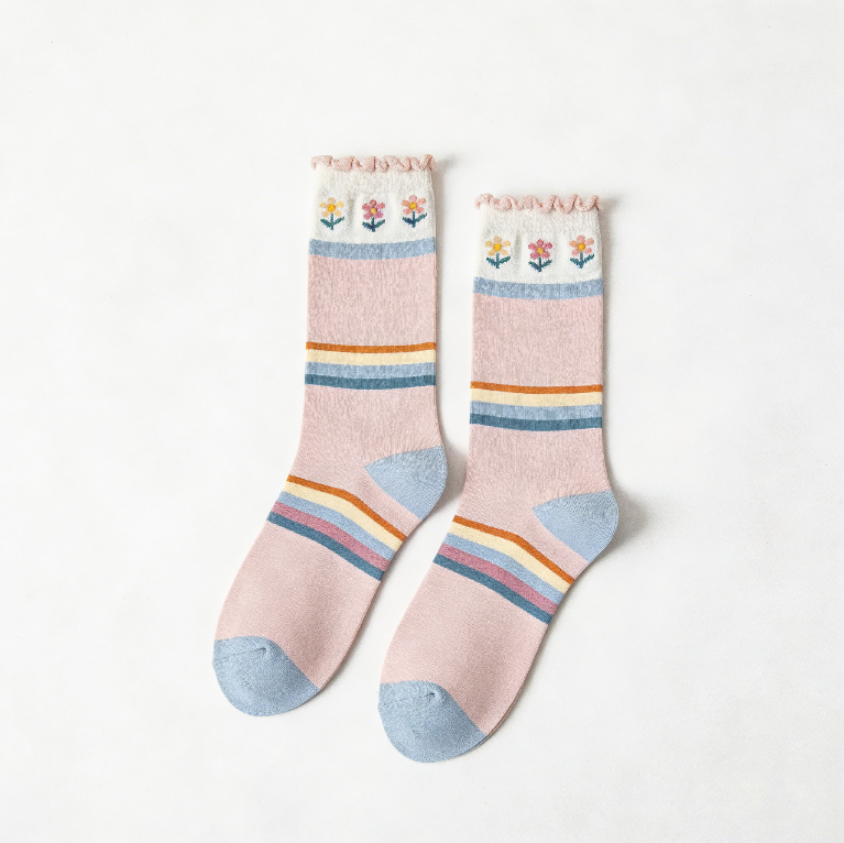 Ruffled Color Blocked Mid Calf Socks