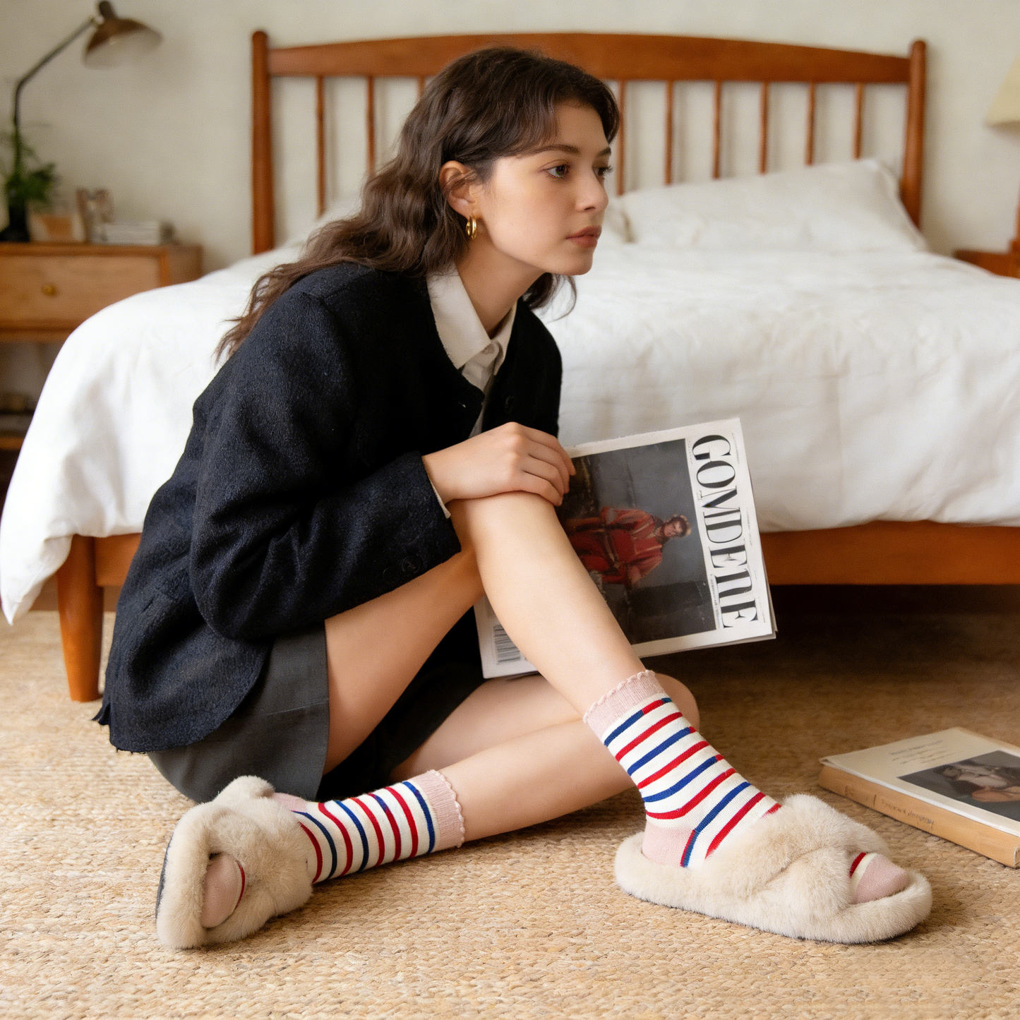 Vintage Red-White-Blue Striped Ruffled Socks