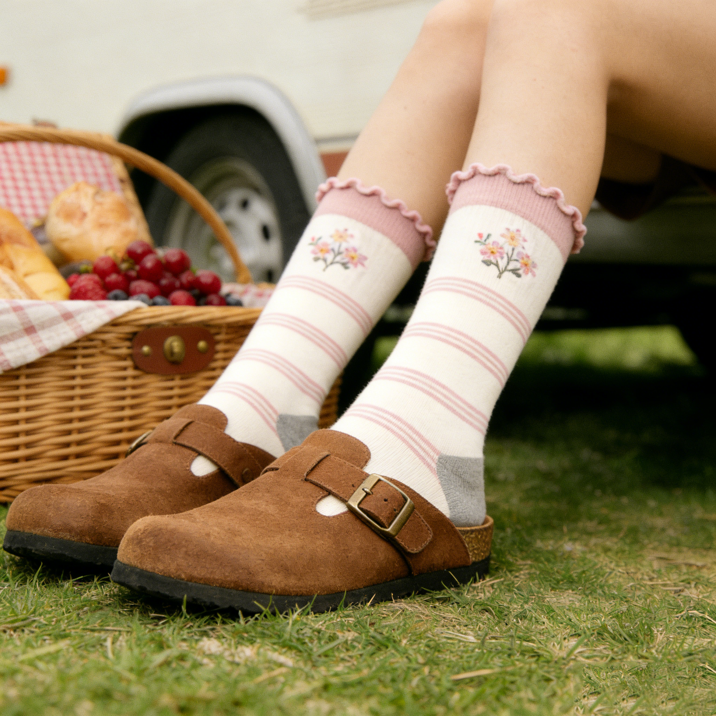 Pink and White Striped Mid-Calf Socks