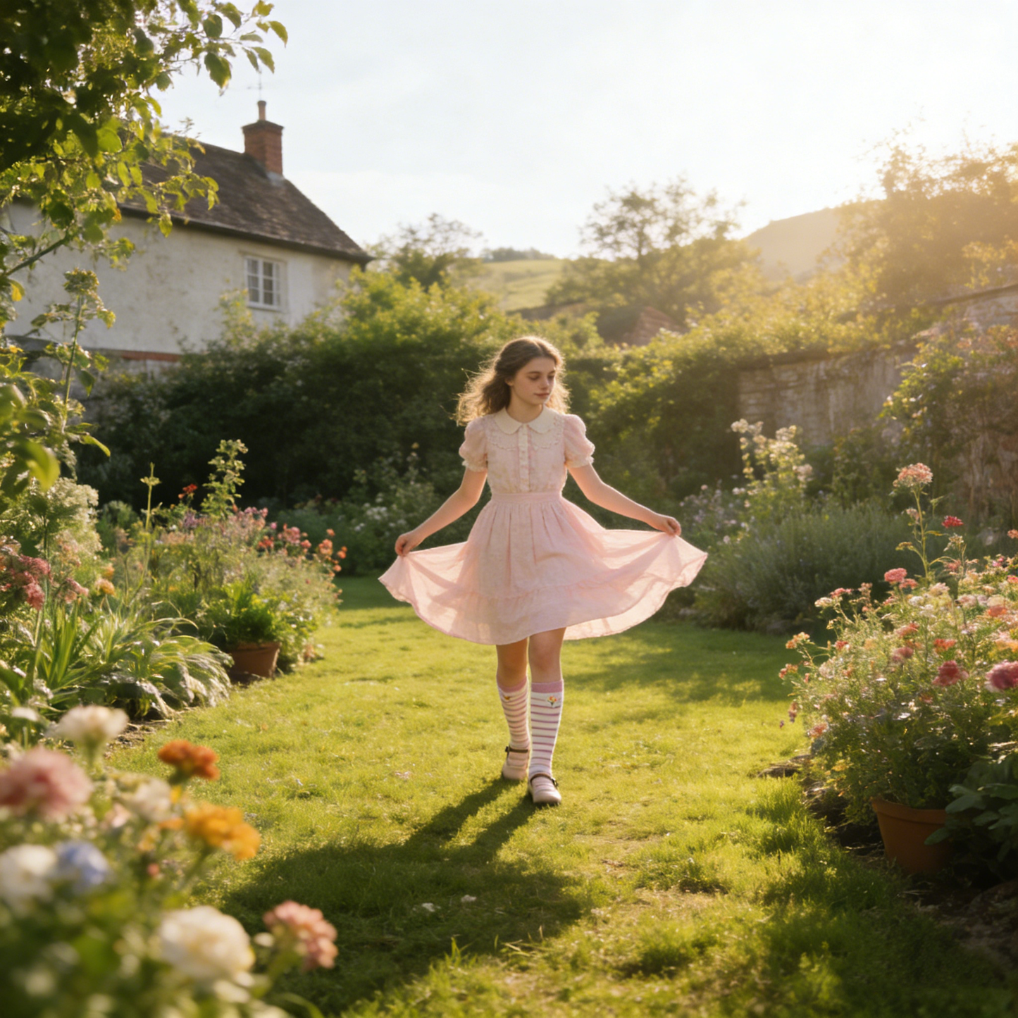 Soft Pink-White Striped Mid-Calf Socks with Floral Embroidery