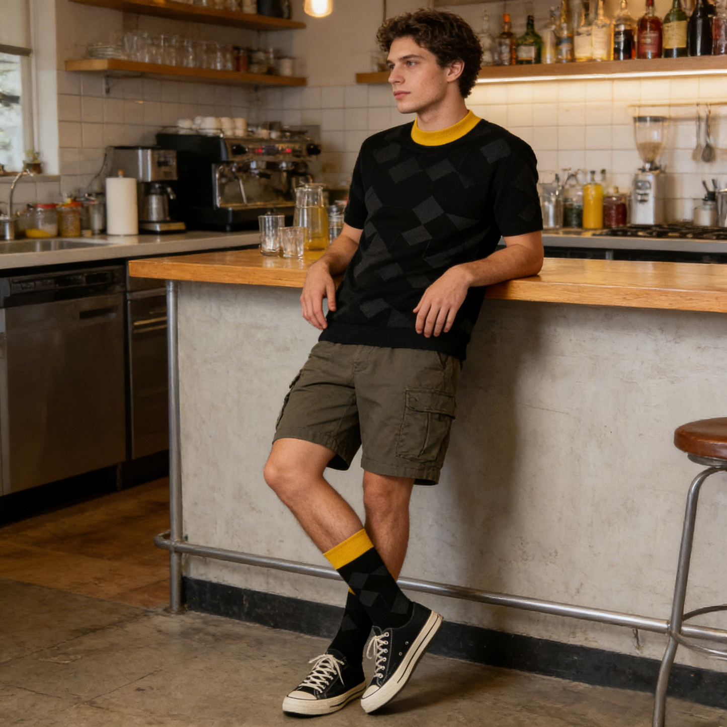 Black and Yellow Geometric Diamond Pattern Socks