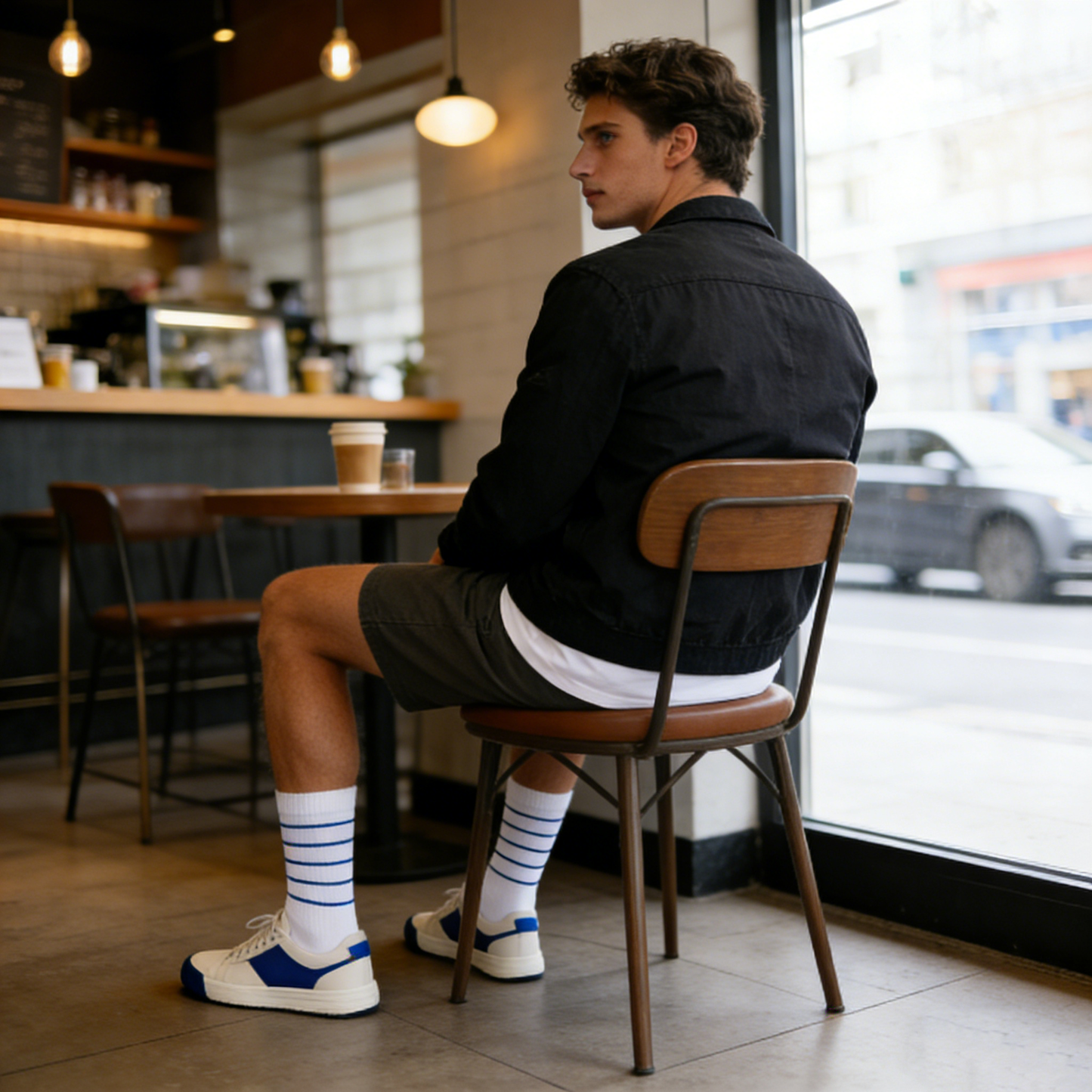 White and Blue Pinstripe Socks