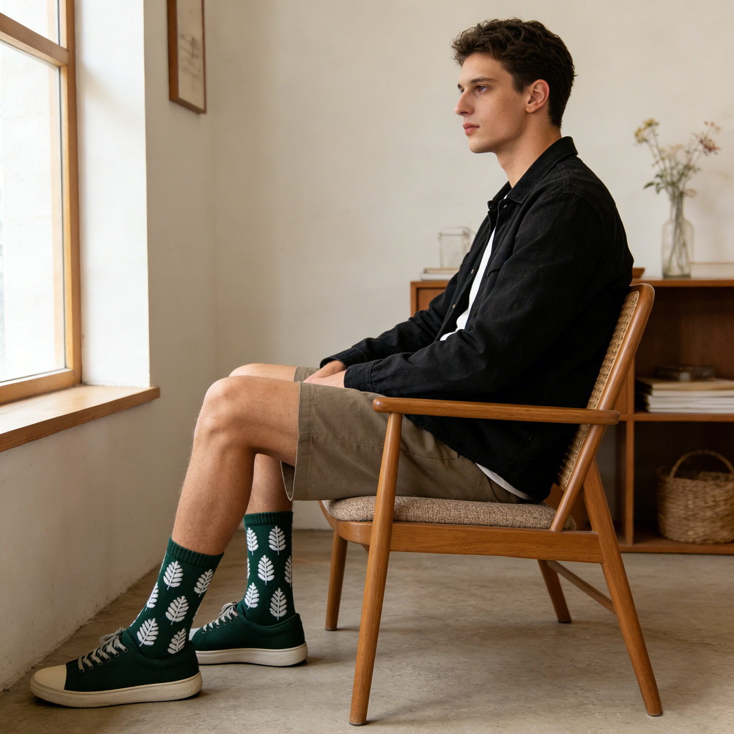 Dark Green and White Leaf Socks