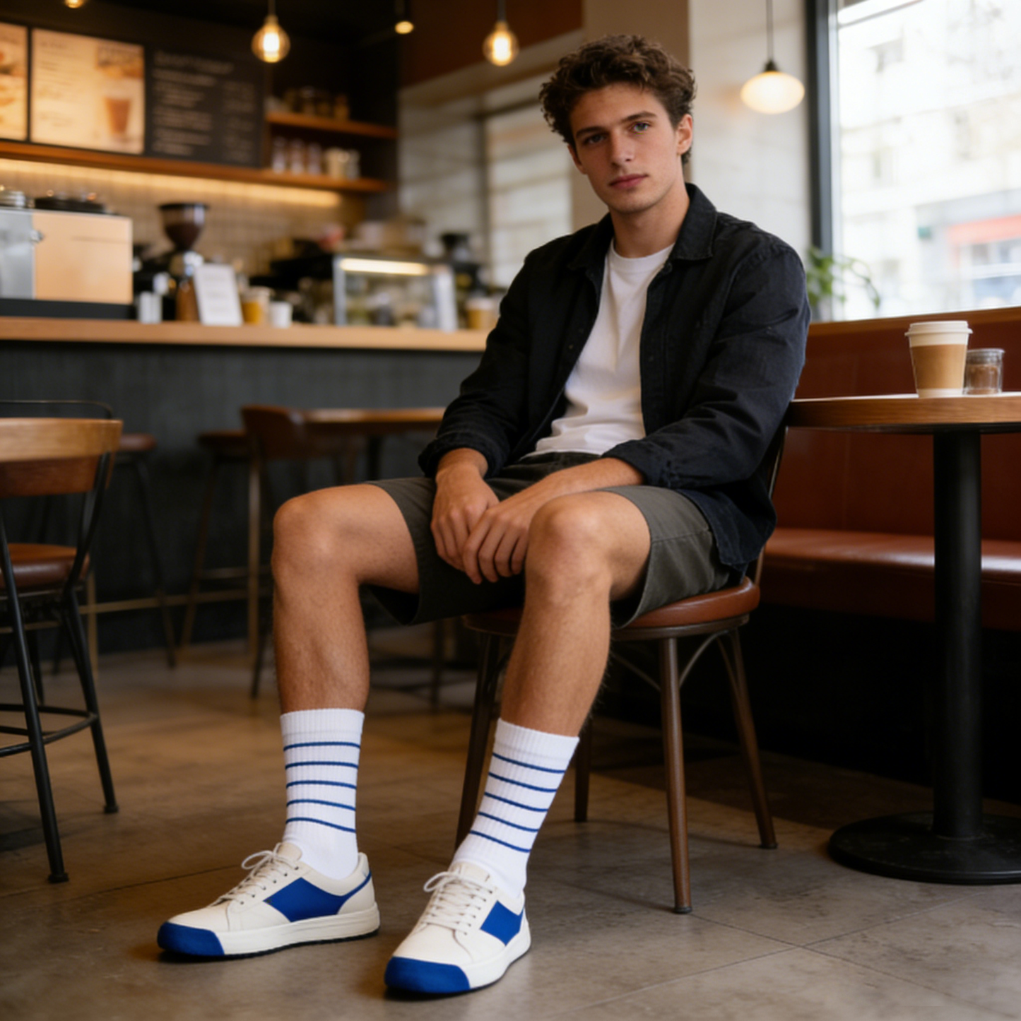 White and Blue Pinstripe Socks