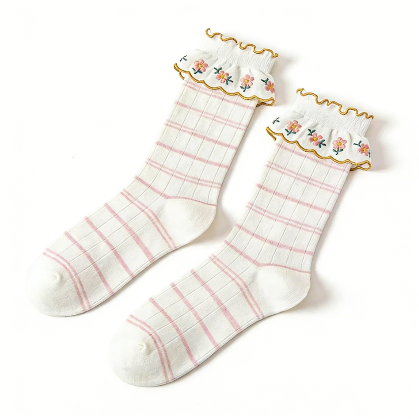 Gold Plaid Floral Socks